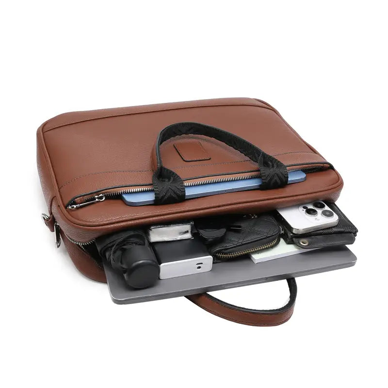 Faux Leather Briefcase - 13.5 Inch Laptop Compartment, Adjustable Strap, Water-Resistant