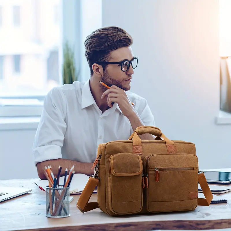 17.3-Inch Nylon Laptop Messenger Backpack - Light Brown