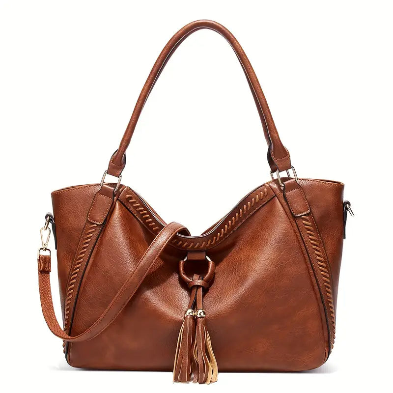 Tassel Tote Bag - Adjustable Strap, Zipper Closure, Dark Brown